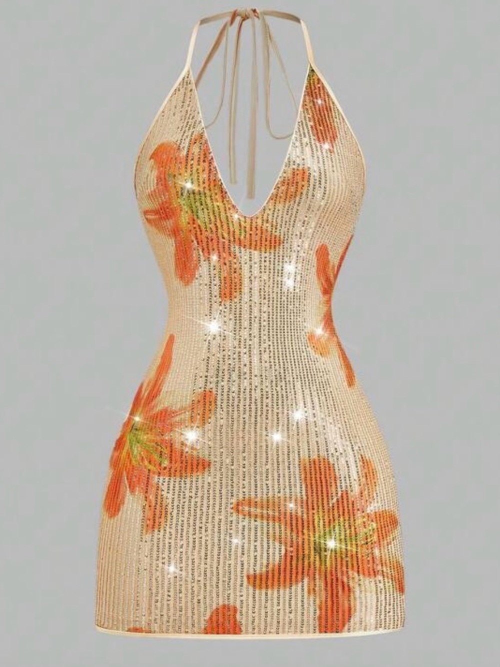 SHEIN Beige Halter Sequin Mini Dress with Orange Floral Print